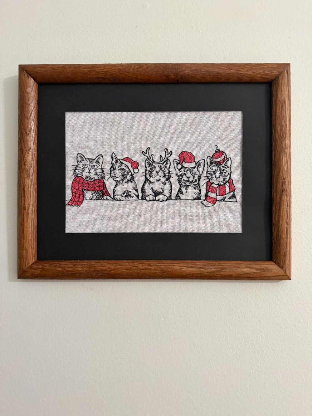 Homemade Holiday Cats Framed Embroidery Art 10X13